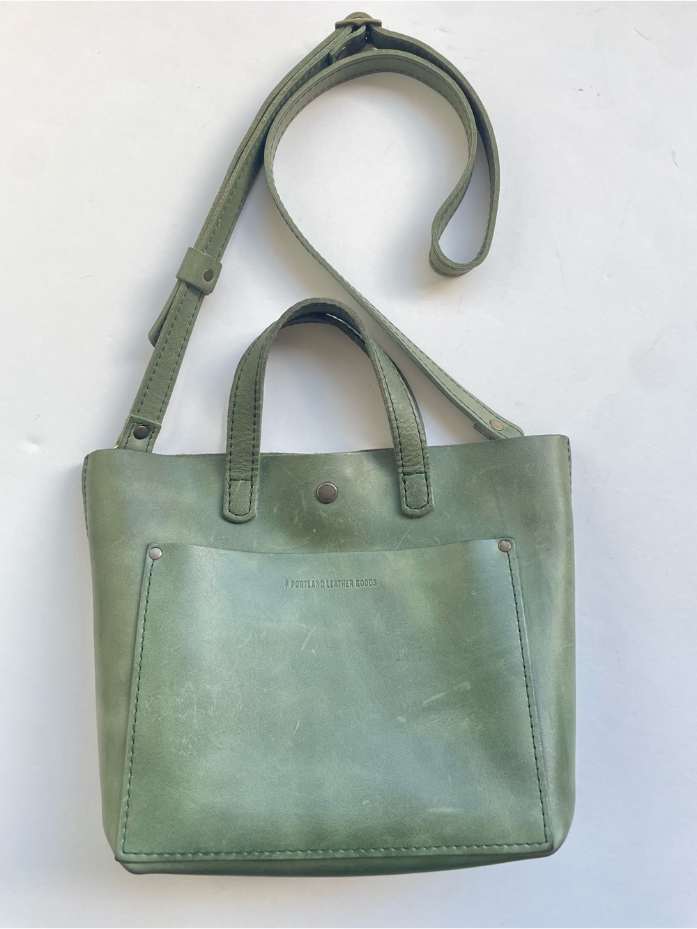 Portland Leather Goods Mini Crossbody Tote Bag, Cucumber Sage Green, EUC